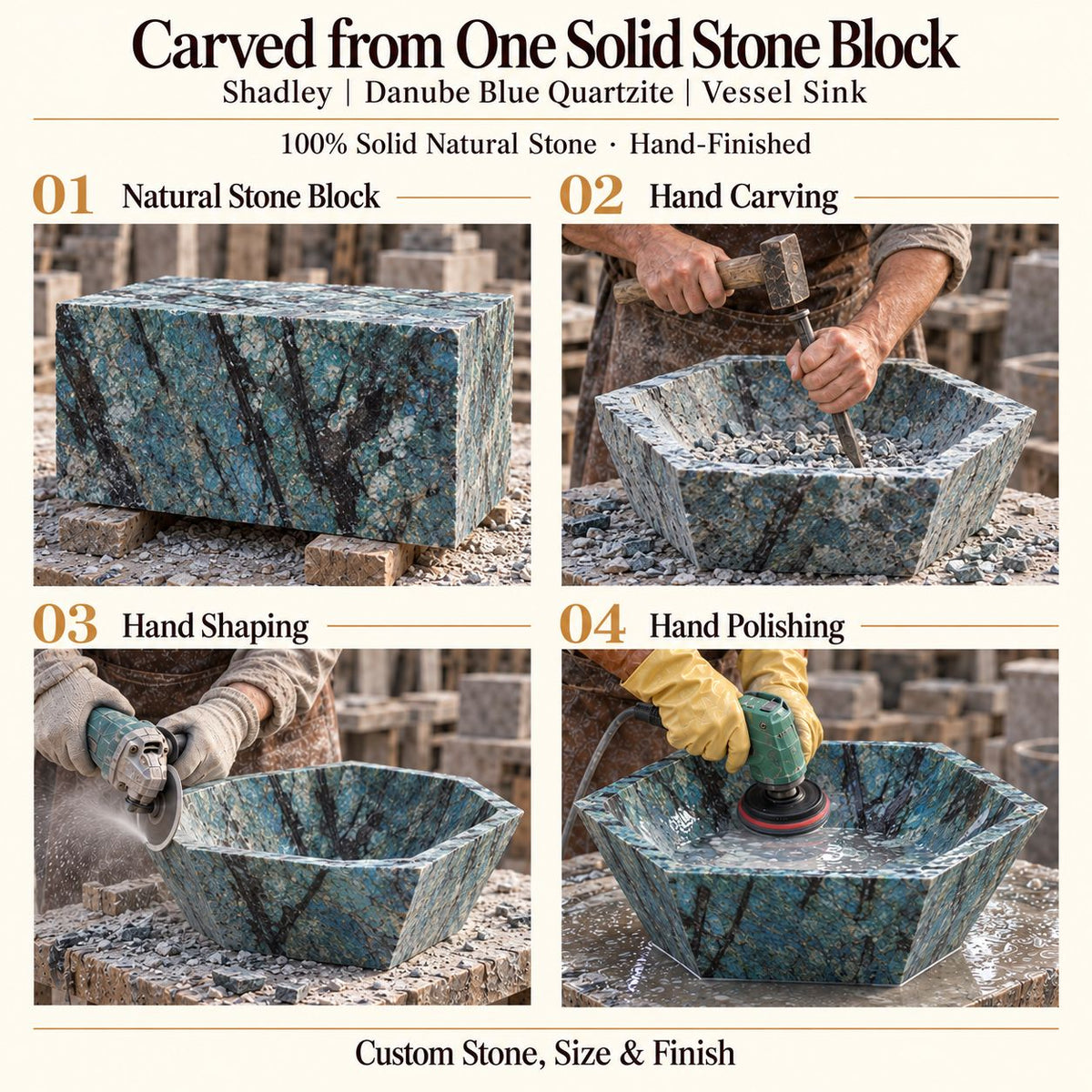 Shadley Danube Blue Quartzite Vessel Sink carved from one solid stone block, showing manual hammer-and-chisel carving, hand shaping and hand polishing; custom stone, size and finish.