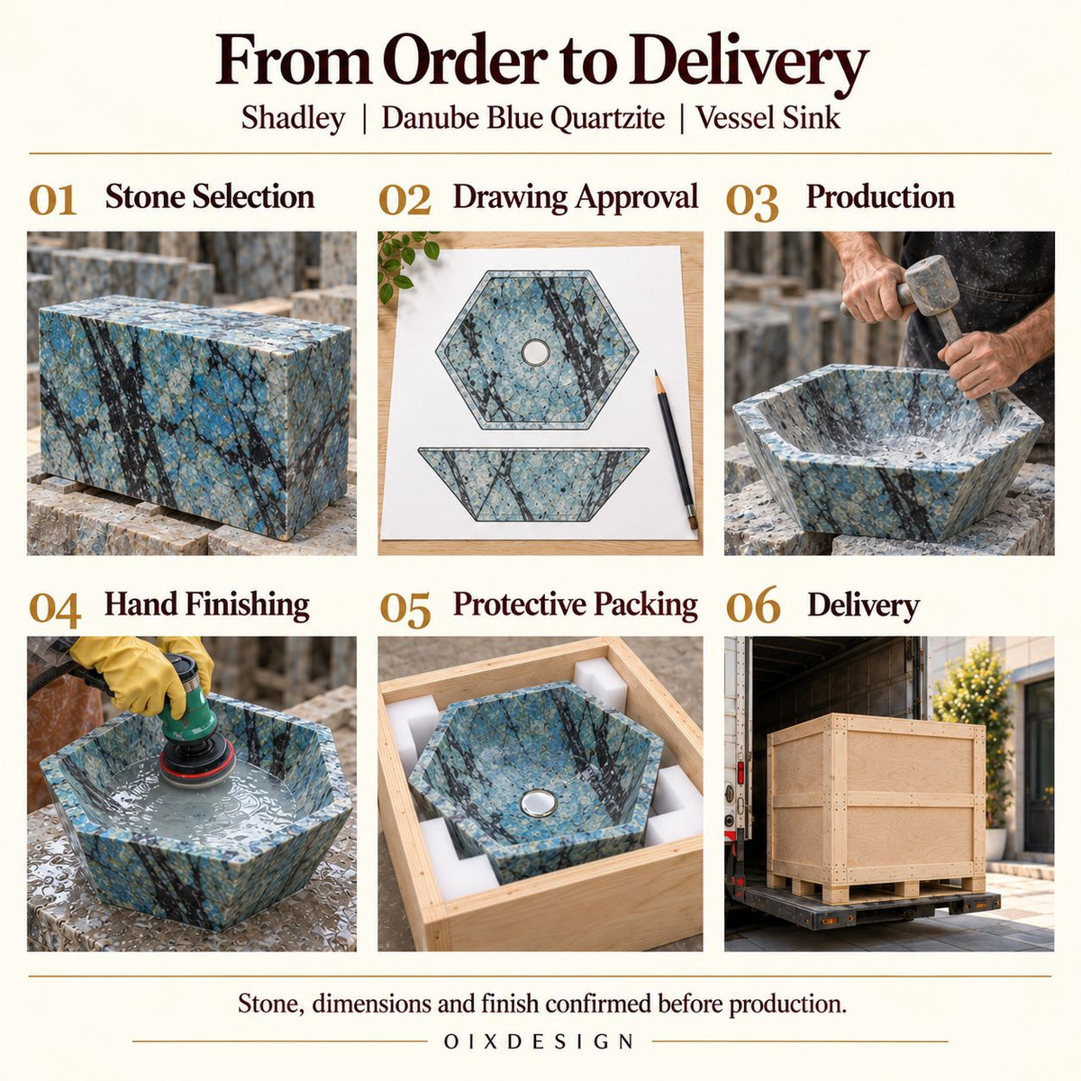 Shadley Danube Blue Quartzite Vessel Sink from order to delivery: material selection, drawing approval, production, hand finishing, protective foam packing in a plywood crate and delivery; specifications confirmed before production.