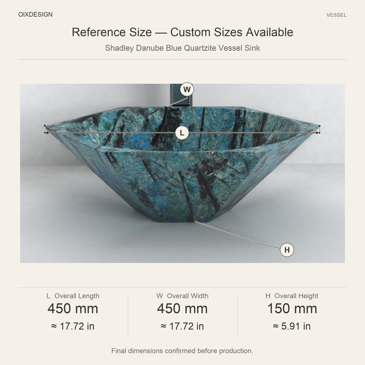 Shadley Danube Blue Quartzite Vessel Sink reference overall dimensions in millimeters and inches