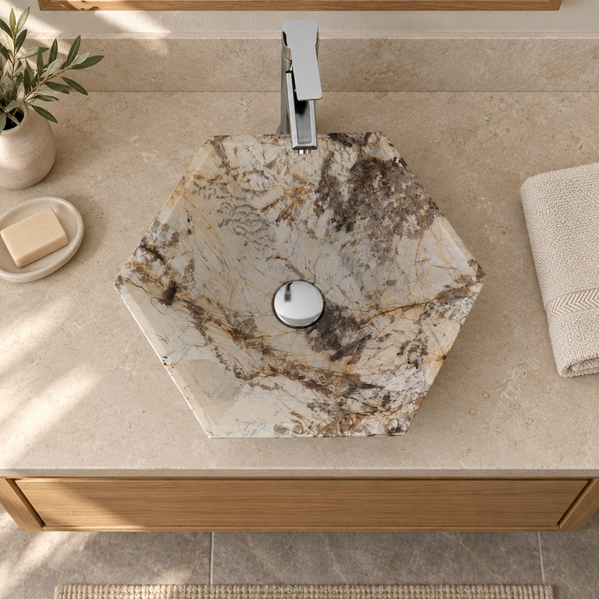 Shadley Pandora Blanc Quartzite Vessel Sink — overhead bathroom lifestyle