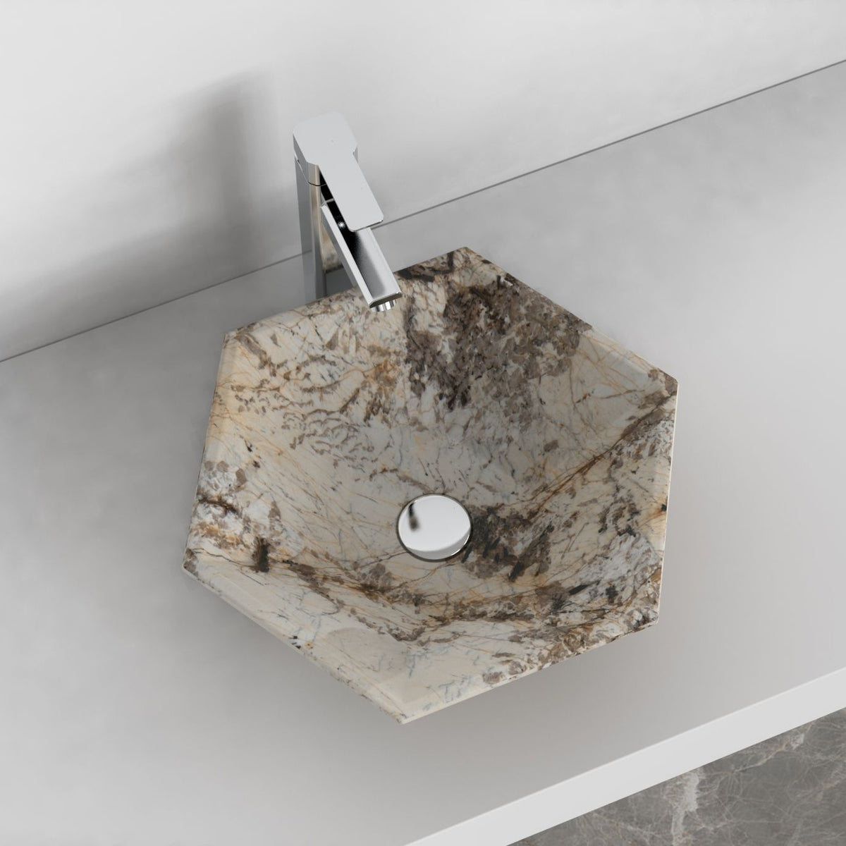 Shadley Pandora Blanc Quartzite Vessel Sink, second countertop view showing the rim and bowl