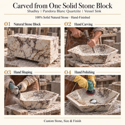 Shadley Pandora Blanc Quartzite Vessel Sink carved from one solid stone block, showing manual hammer-and-chisel carving, hand shaping and hand polishing; custom stone, size and finish.