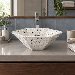 Shadley White Terrazzo Vessel Sink — low frontal bathroom lifestyle