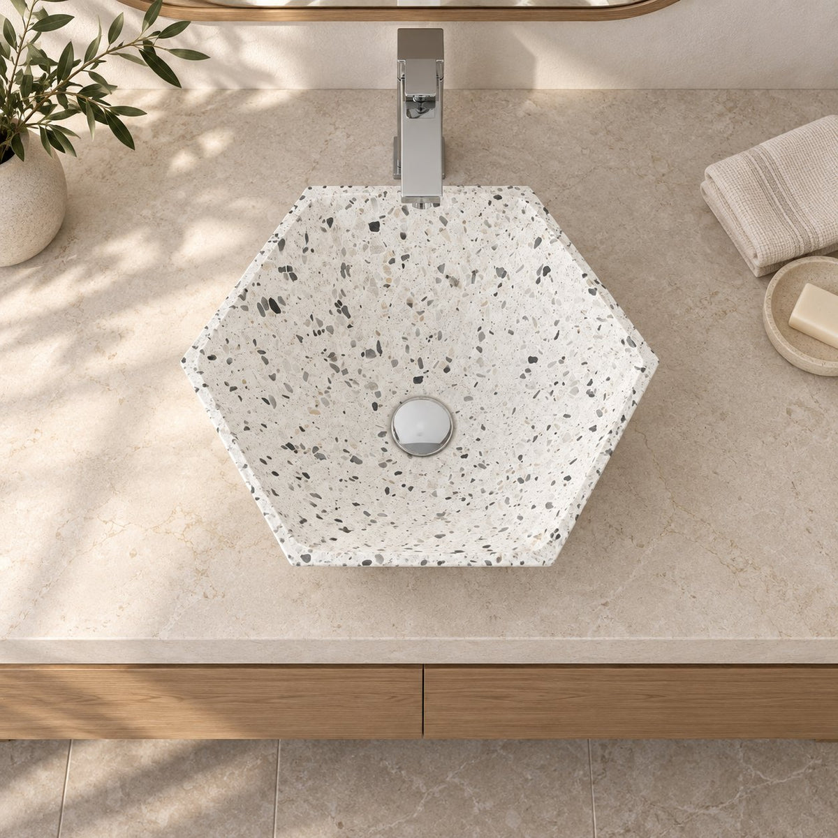 Shadley White Terrazzo Vessel Sink — overhead bathroom lifestyle