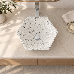 Shadley White Terrazzo Vessel Sink — overhead bathroom lifestyle
