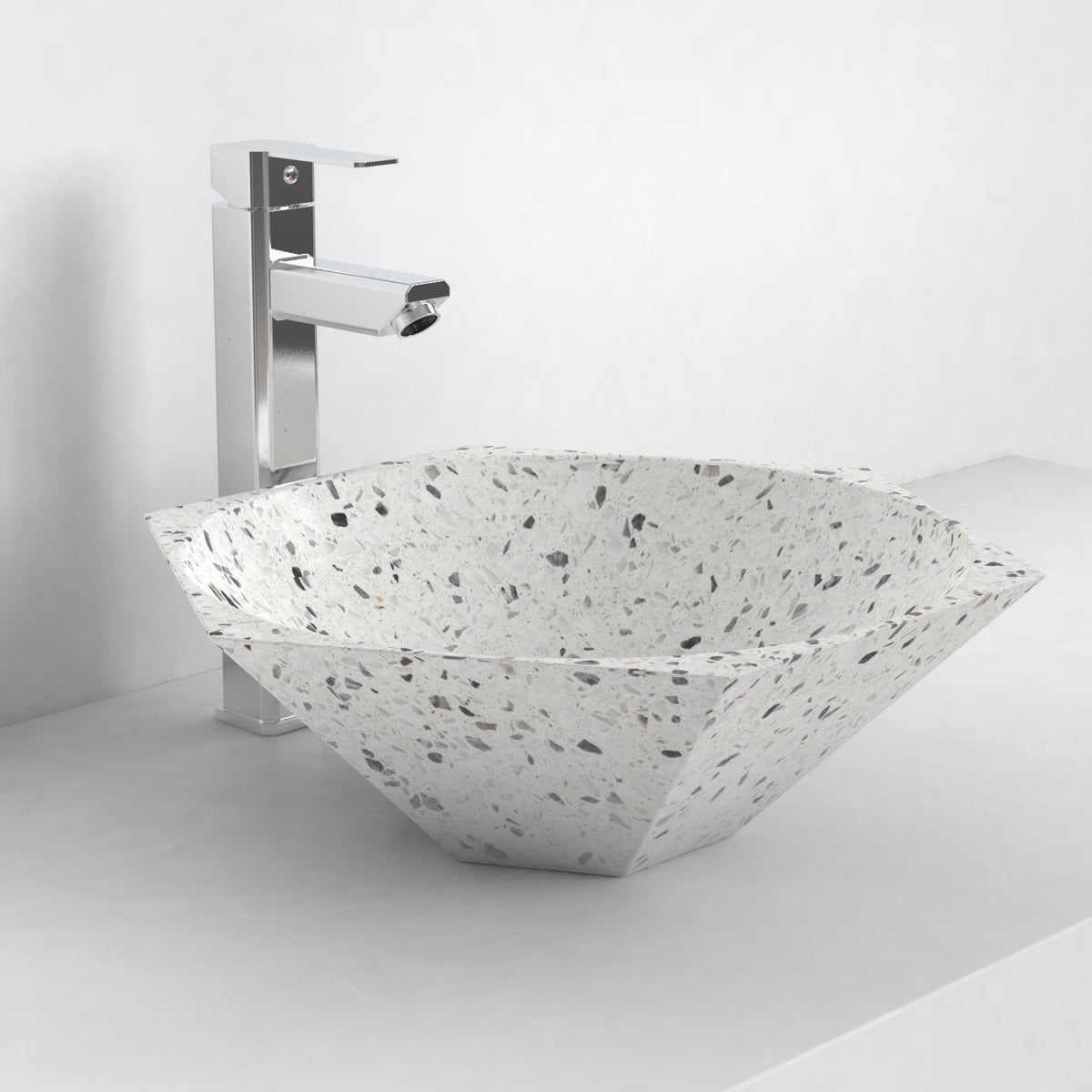 Shadley White Terrazzo Vessel Sink, countertop hero lifestyle view