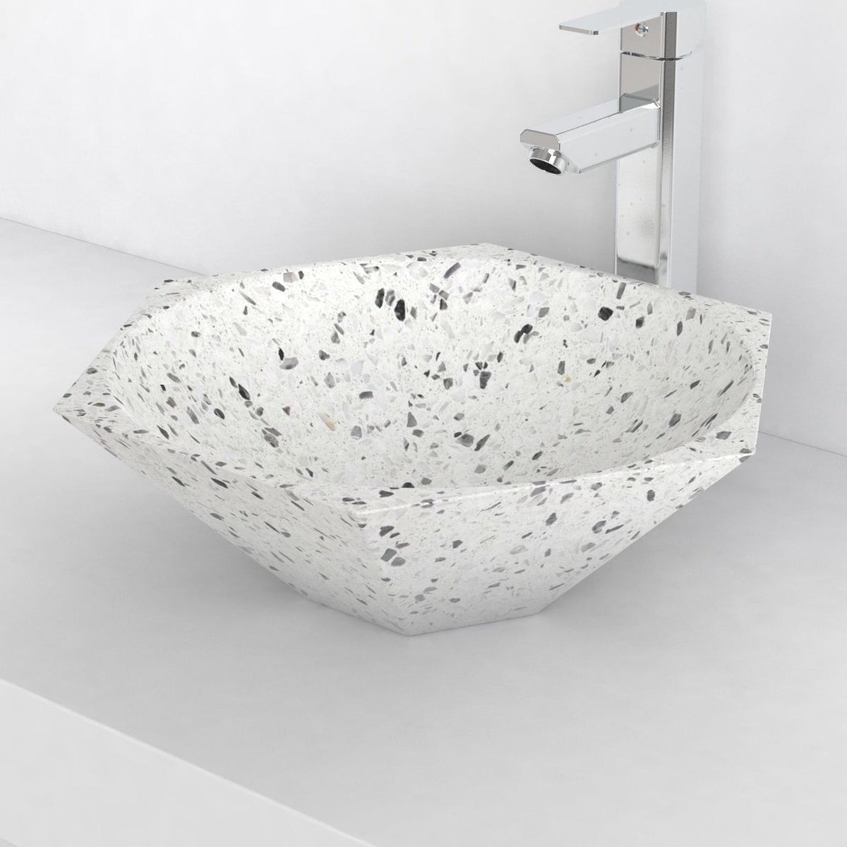 Shadley White Terrazzo Vessel Sink, second countertop view showing the rim and bowl