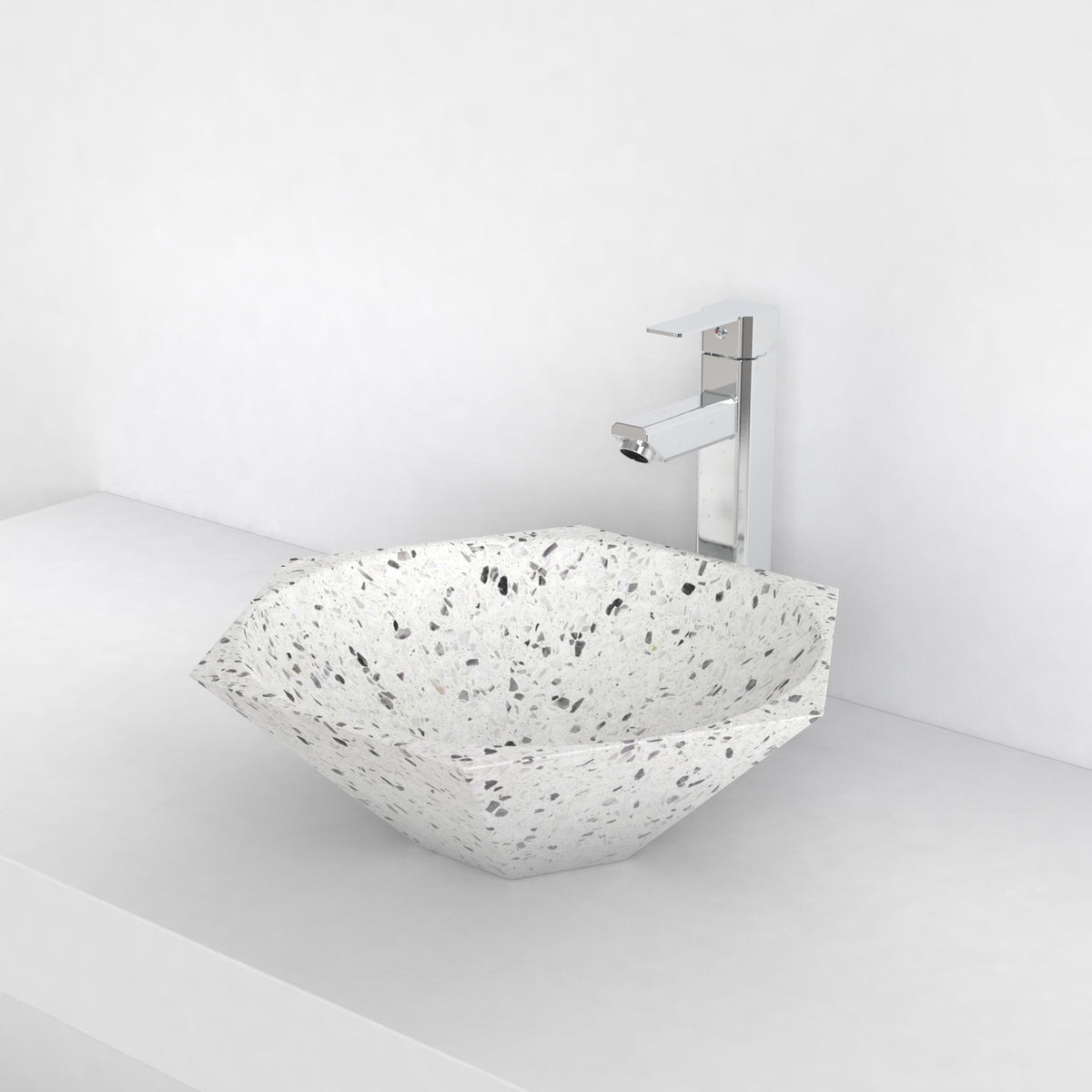 Shadley White Terrazzo Vessel Sink, second countertop view showing the rim and bowl