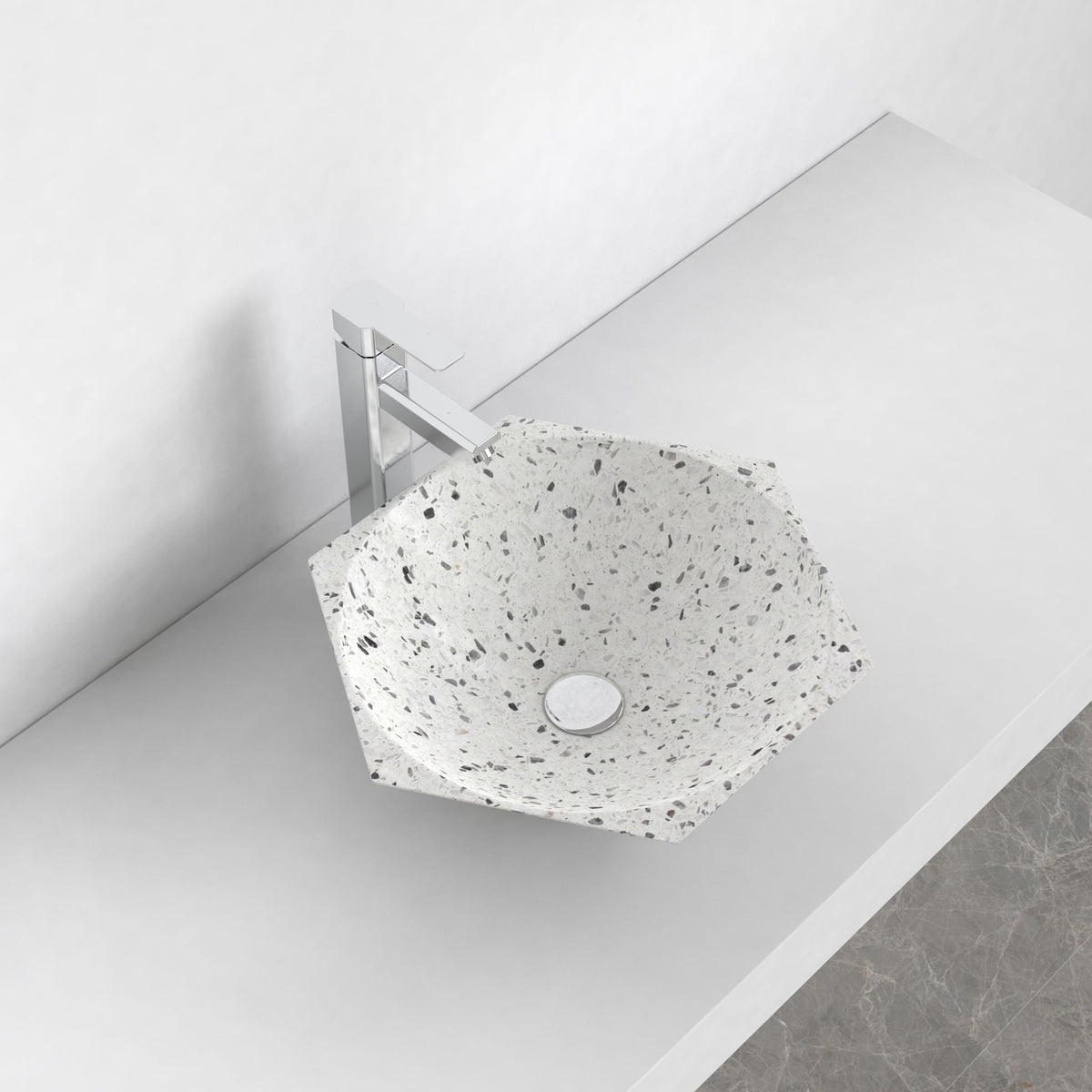 Shadley White Terrazzo Vessel Sink, overall bowl form and side profile