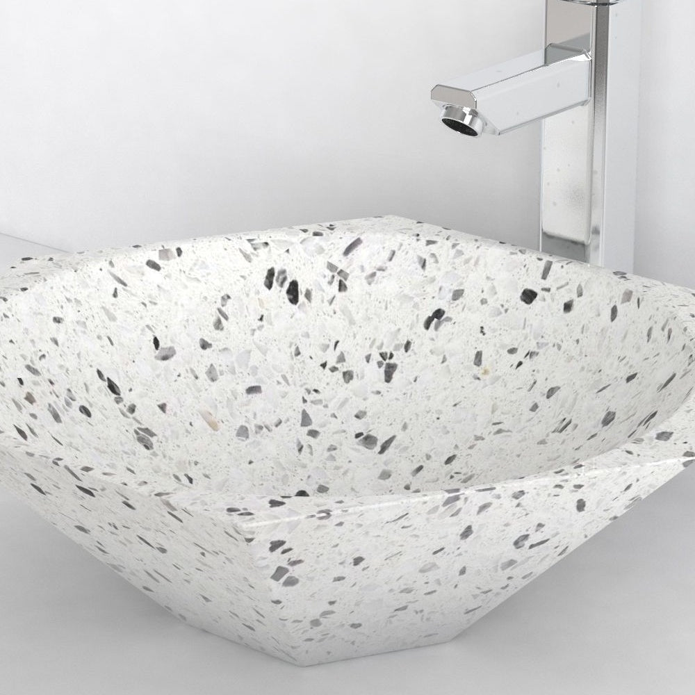 Shadley White Terrazzo Vessel Sink, close view of the rim, inner wall and aggregate texture
