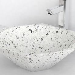 Shadley White Terrazzo Vessel Sink, close view of the rim, inner wall and aggregate texture