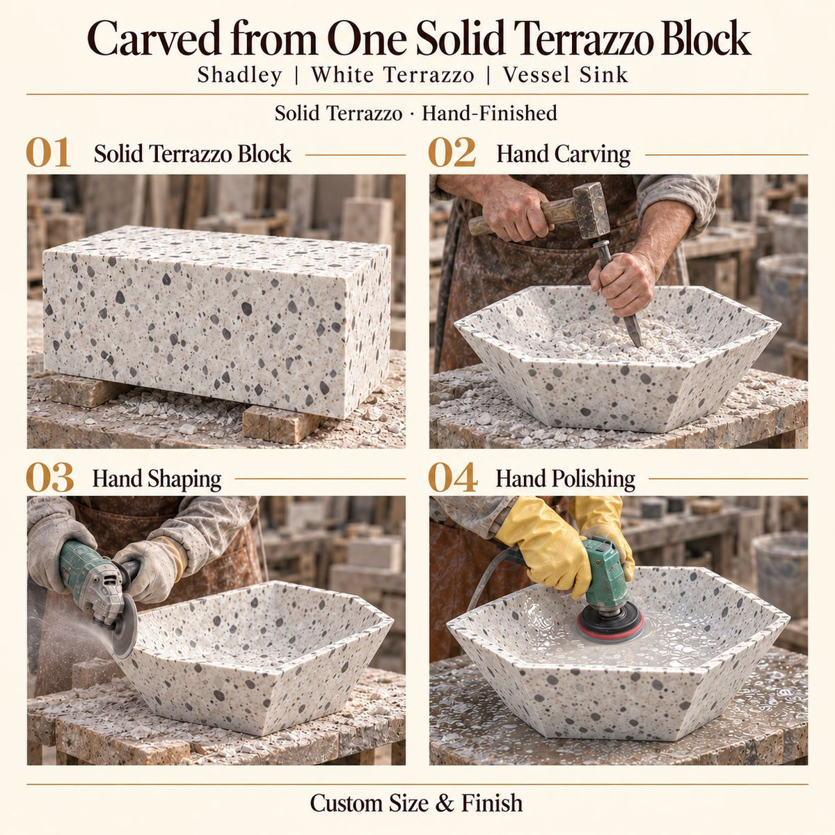 Shadley White Terrazzo Vessel Sink carved from one solid terrazzo block, with hand carving, hand shaping and hand polishing; custom size and finish.