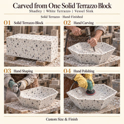 Shadley White Terrazzo Vessel Sink carved from one solid terrazzo block, with hand carving, hand shaping and hand polishing; custom size and finish.