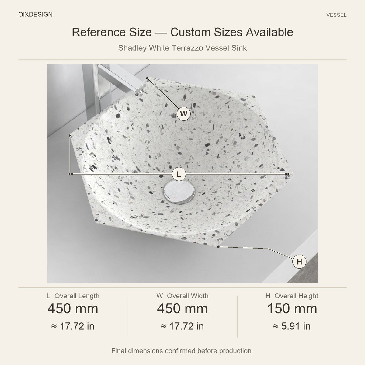 Shadley White Terrazzo Vessel Sink reference overall dimensions in millimeters and inches