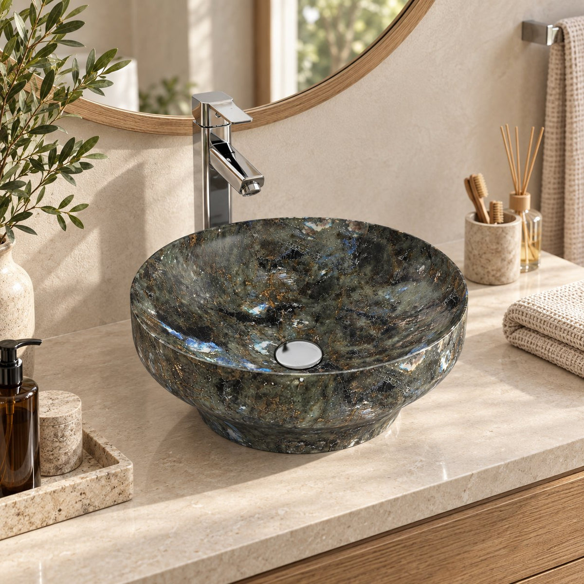 Shaela Celestia Blue Quartzite Vessel Sink — three-quarter bathroom lifestyle