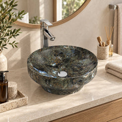 Shaela Celestia Blue Quartzite Vessel Sink — three-quarter bathroom lifestyle