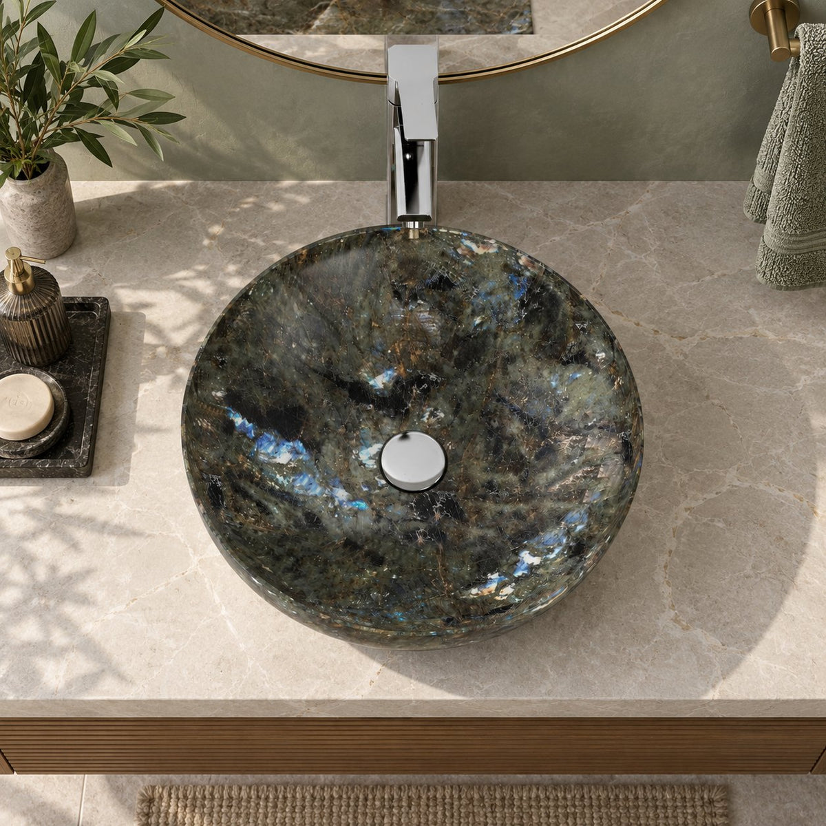 Shaela Celestia Blue Quartzite Vessel Sink — overhead bathroom lifestyle