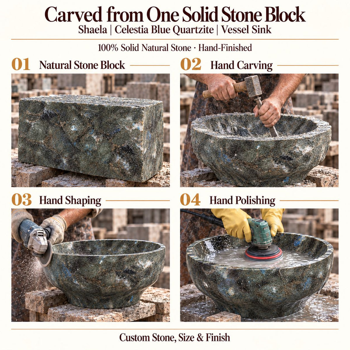 Shaela Celestia Blue Quartzite Vessel Sink carved from one solid stone block, showing manual hammer-and-chisel carving, hand shaping and hand polishing; custom stone, size and finish.