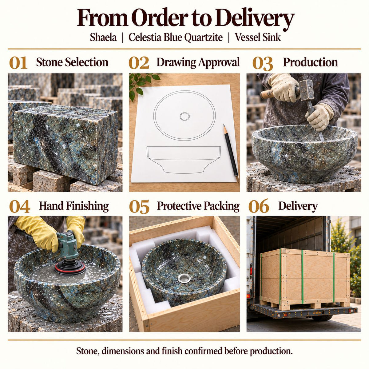 Shaela Celestia Blue Quartzite Vessel Sink from order to delivery: material selection, drawing approval, production, hand finishing, protective foam packing in a plywood crate and delivery; specifications confirmed before production.