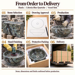 Shaela Celestia Blue Quartzite Vessel Sink from order to delivery: material selection, drawing approval, production, hand finishing, protective foam packing in a plywood crate and delivery; specifications confirmed before production.