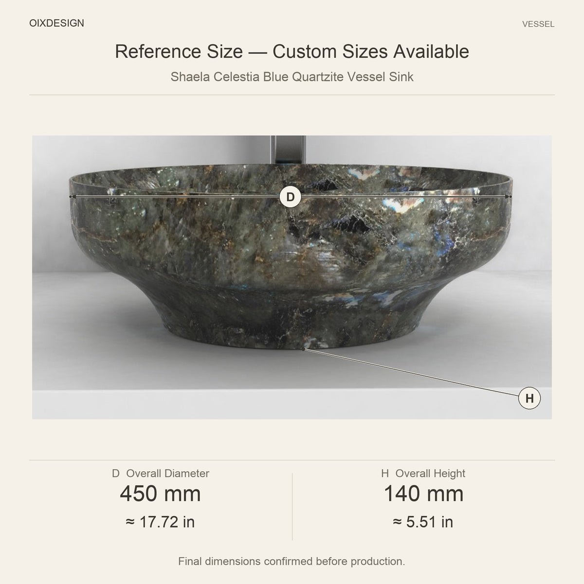 Shaela Celestia Blue Quartzite Vessel Sink reference overall dimensions in millimeters and inches