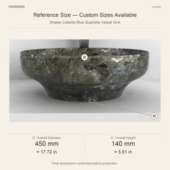 Shaela Celestia Blue Quartzite Vessel Sink reference overall dimensions in millimeters and inches