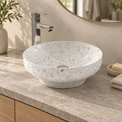Shaela Color Terrazzo Vessel Sink — three-quarter bathroom lifestyle
