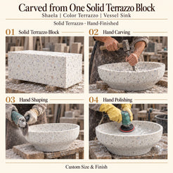 Shaela Color Terrazzo Vessel Sink carved from one solid terrazzo block, with hand carving, hand shaping and hand polishing; custom size and finish.