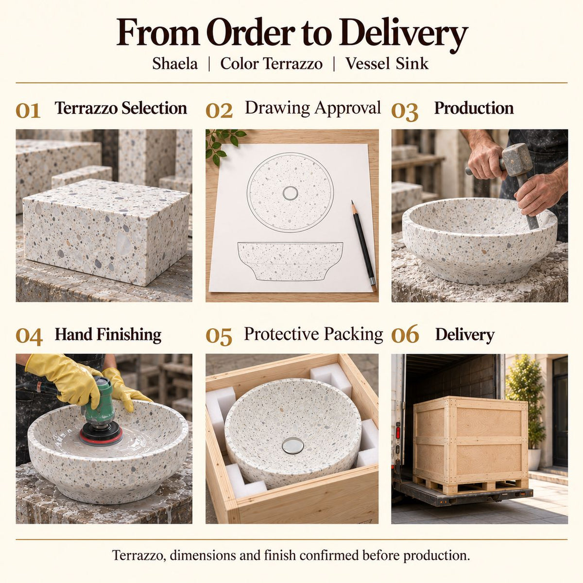 Shaela Color Terrazzo Vessel Sink from order to delivery: material selection, drawing approval, production, hand finishing, protective foam packing in a plywood crate and delivery; specifications confirmed before production.