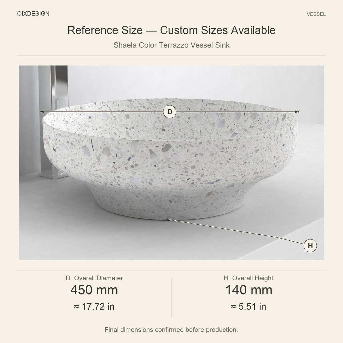 Shaela Color Terrazzo Vessel Sink reference overall dimensions in millimeters and inches