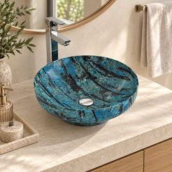 Shaela Danube Blue Quartzite Vessel Sink — three-quarter bathroom lifestyle