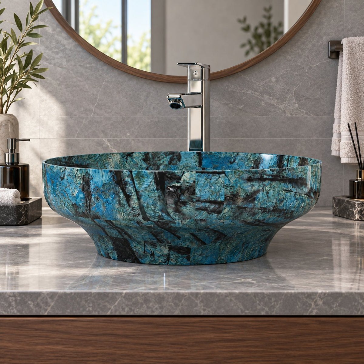 Shaela Danube Blue Quartzite Vessel Sink — low frontal bathroom lifestyle