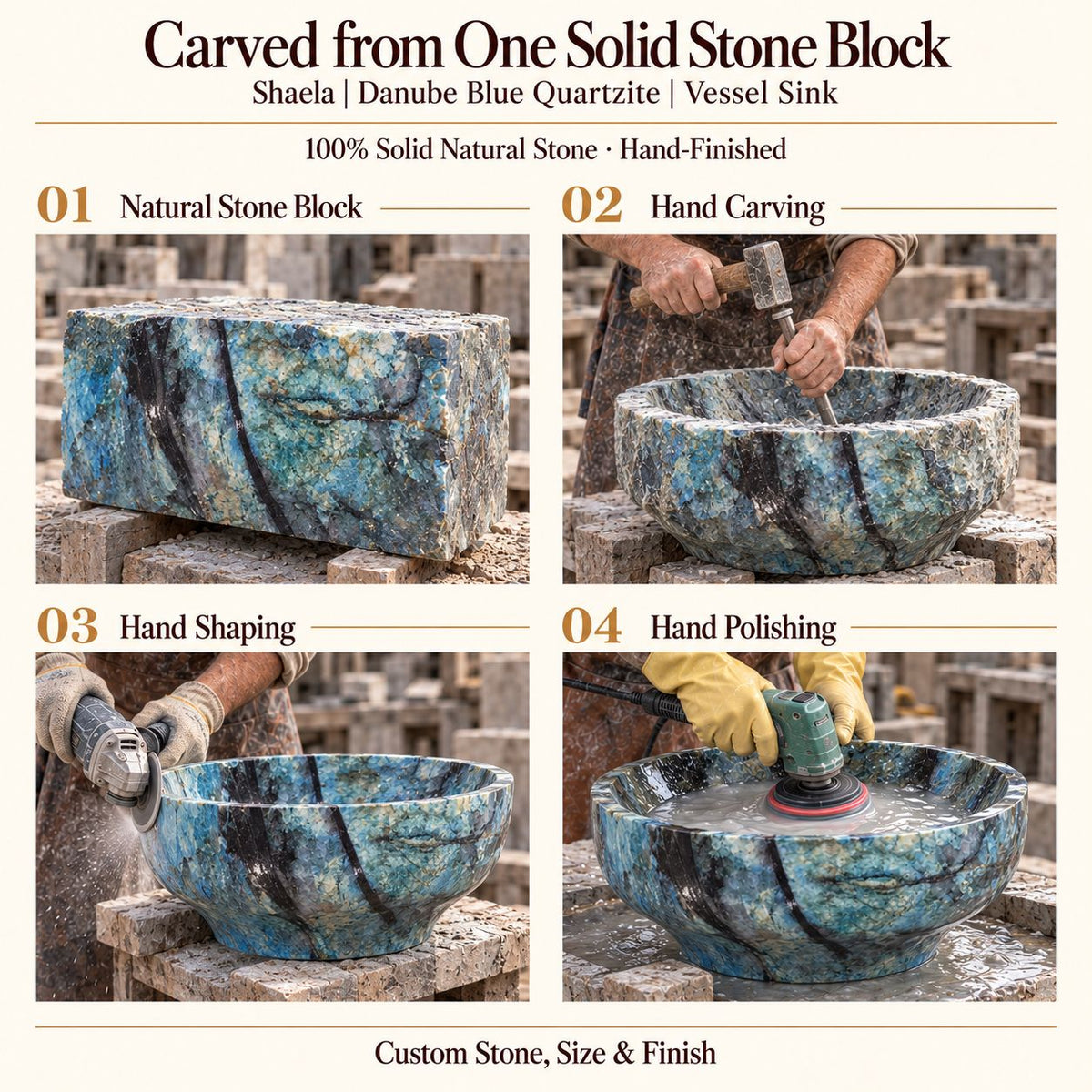 Shaela Danube Blue Quartzite Vessel Sink carved from one solid stone block, showing manual hammer-and-chisel carving, hand shaping and hand polishing; custom stone, size and finish.