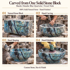 Shaela Danube Blue Quartzite Vessel Sink carved from one solid stone block, showing manual hammer-and-chisel carving, hand shaping and hand polishing; custom stone, size and finish.