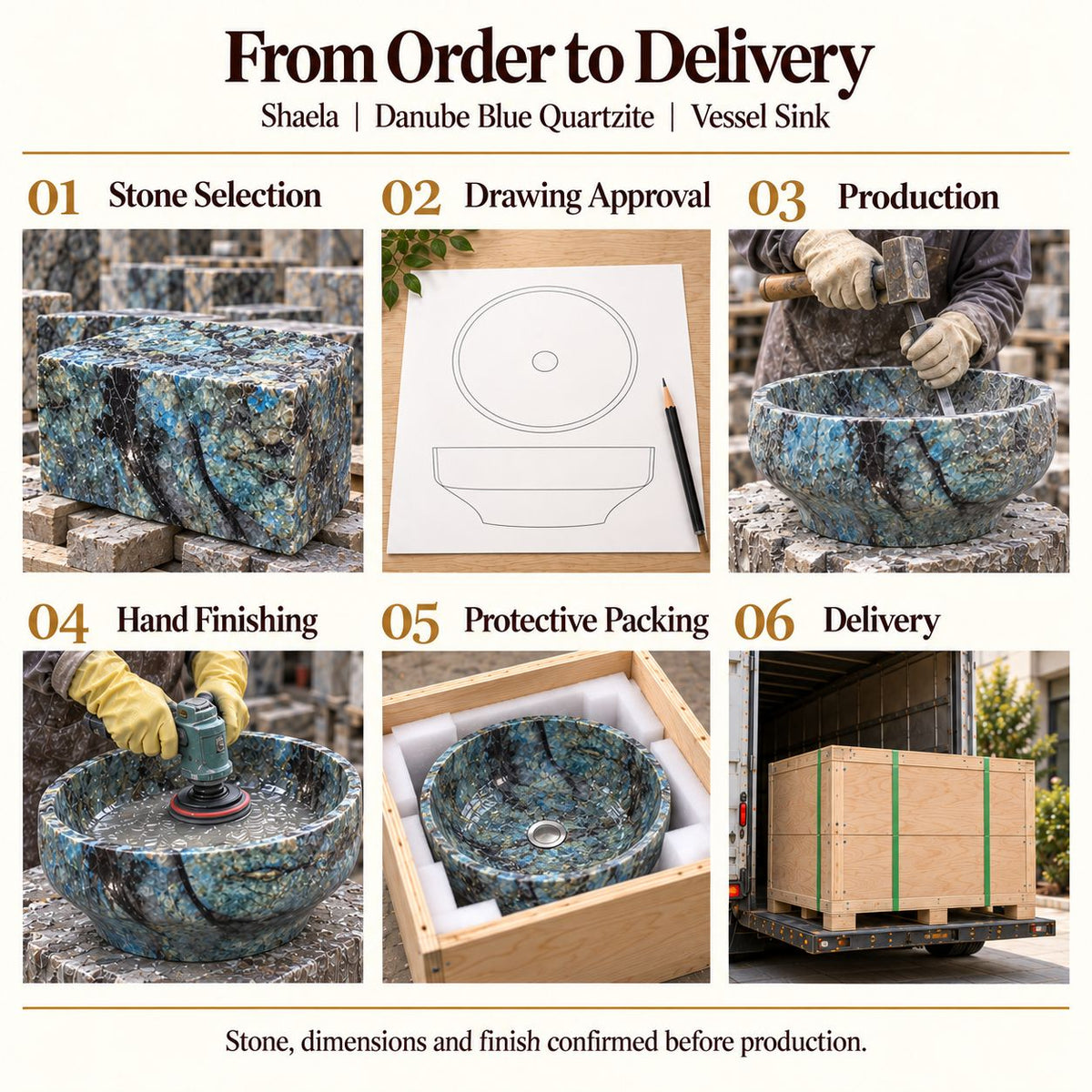 Shaela Danube Blue Quartzite Vessel Sink from order to delivery: material selection, drawing approval, production, hand finishing, protective foam packing in a plywood crate and delivery; specifications confirmed before production.