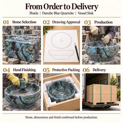 Shaela Danube Blue Quartzite Vessel Sink from order to delivery: material selection, drawing approval, production, hand finishing, protective foam packing in a plywood crate and delivery; specifications confirmed before production.