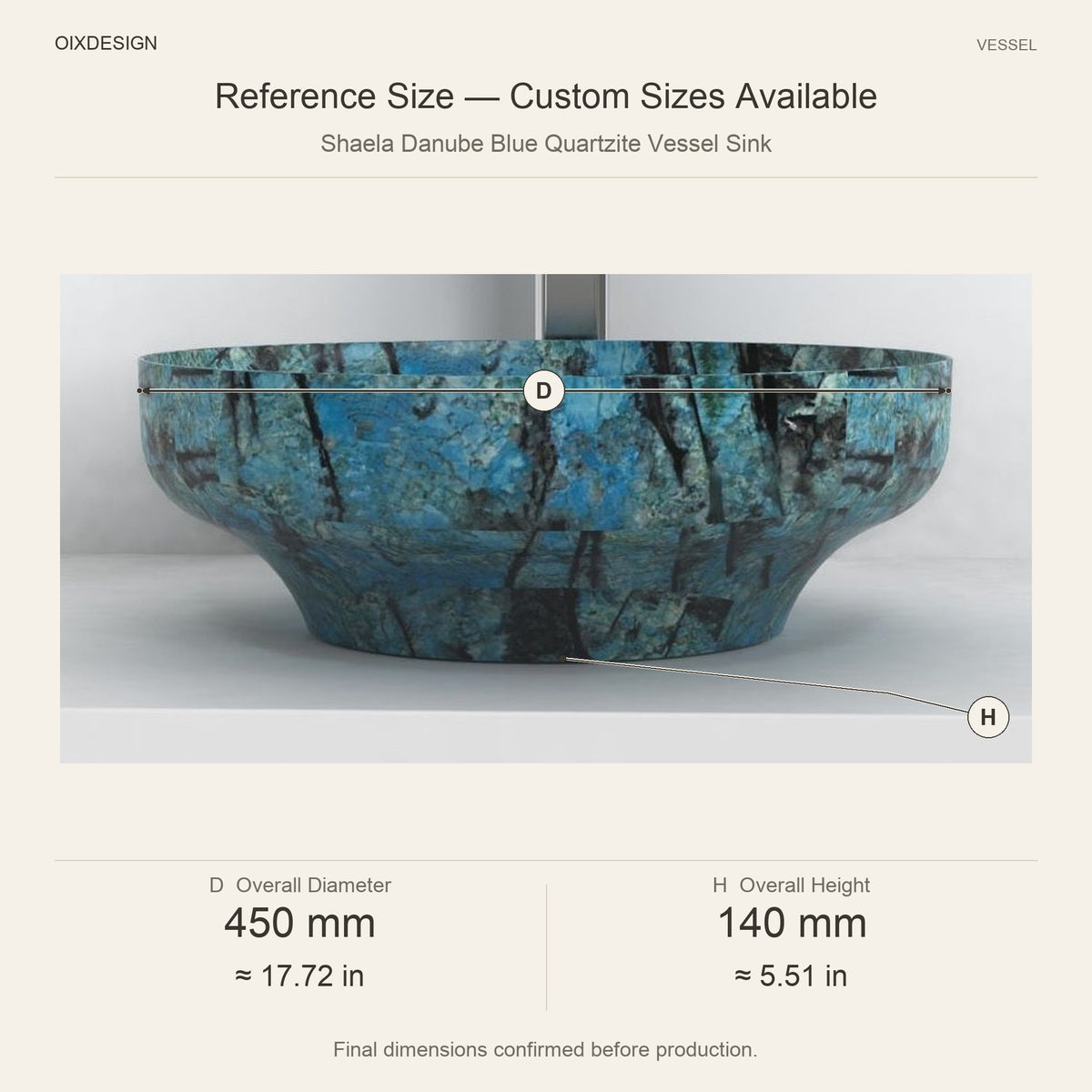 Shaela Danube Blue Quartzite Vessel Sink reference overall dimensions in millimeters and inches