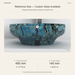 Shaela Danube Blue Quartzite Vessel Sink reference overall dimensions in millimeters and inches