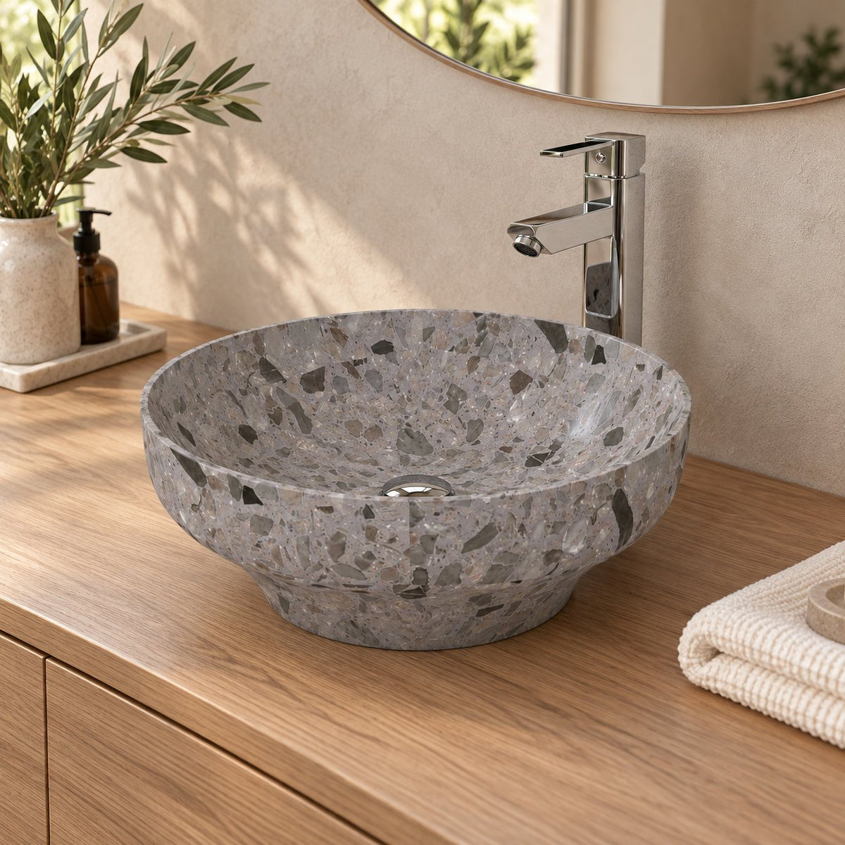 Shaela Dark Terrazzo Vessel Sink — three-quarter bathroom lifestyle