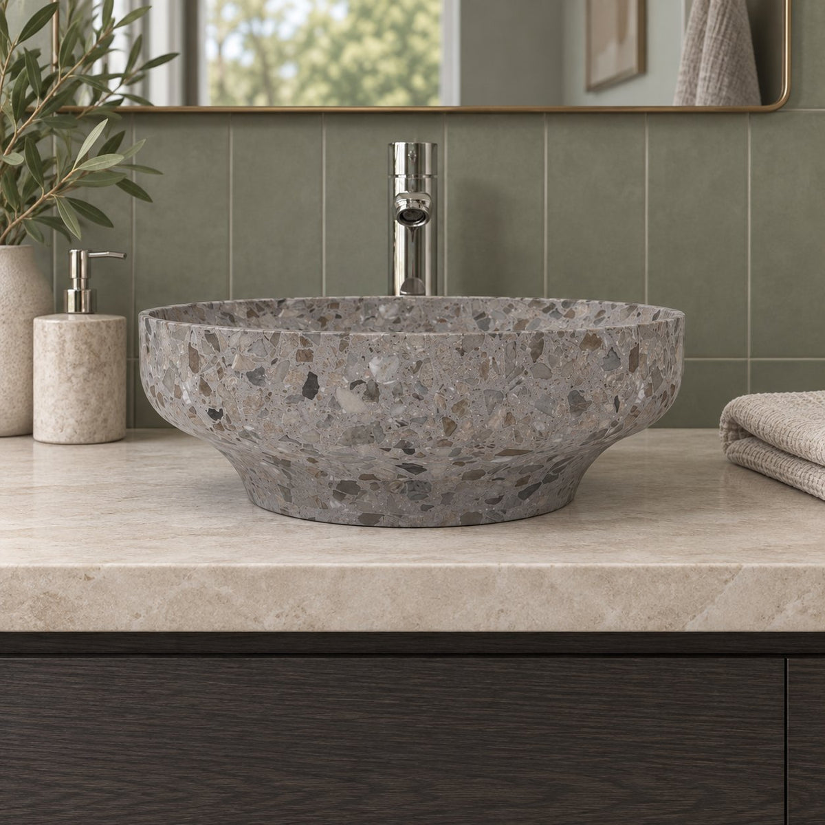 Shaela Dark Terrazzo Vessel Sink — low frontal bathroom lifestyle