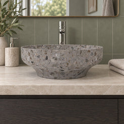 Shaela Dark Terrazzo Vessel Sink — low frontal bathroom lifestyle