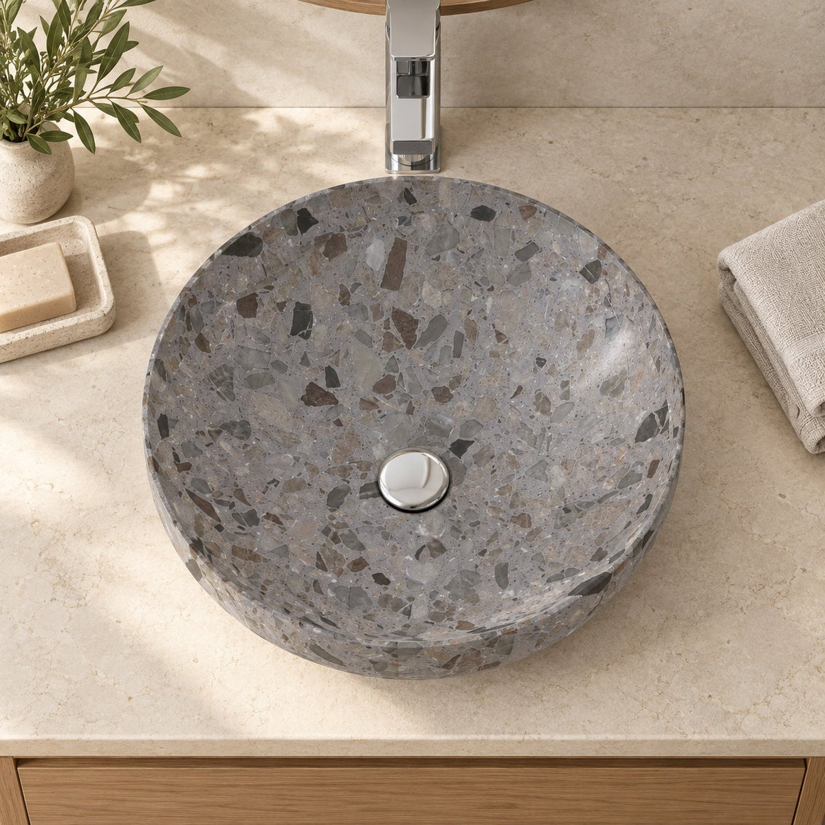 Shaela Dark Terrazzo Vessel Sink — overhead bathroom lifestyle