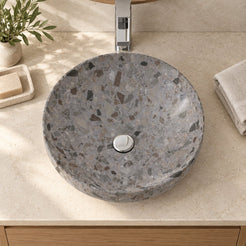 Shaela Dark Terrazzo Vessel Sink — overhead bathroom lifestyle