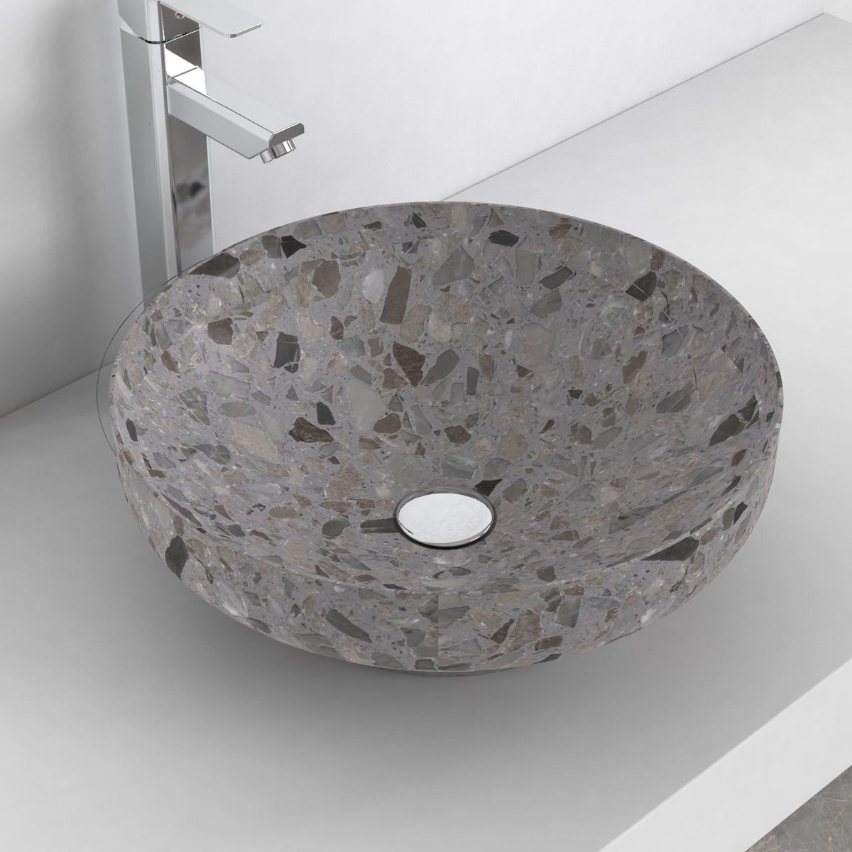 Shaela Dark Terrazzo Vessel Sink, second countertop view showing the rim and bowl