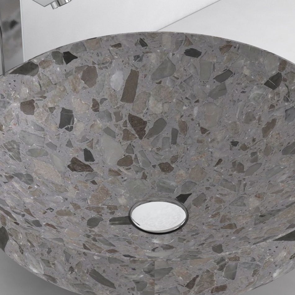 Shaela Dark Terrazzo Vessel Sink, interior, material and drain area detail