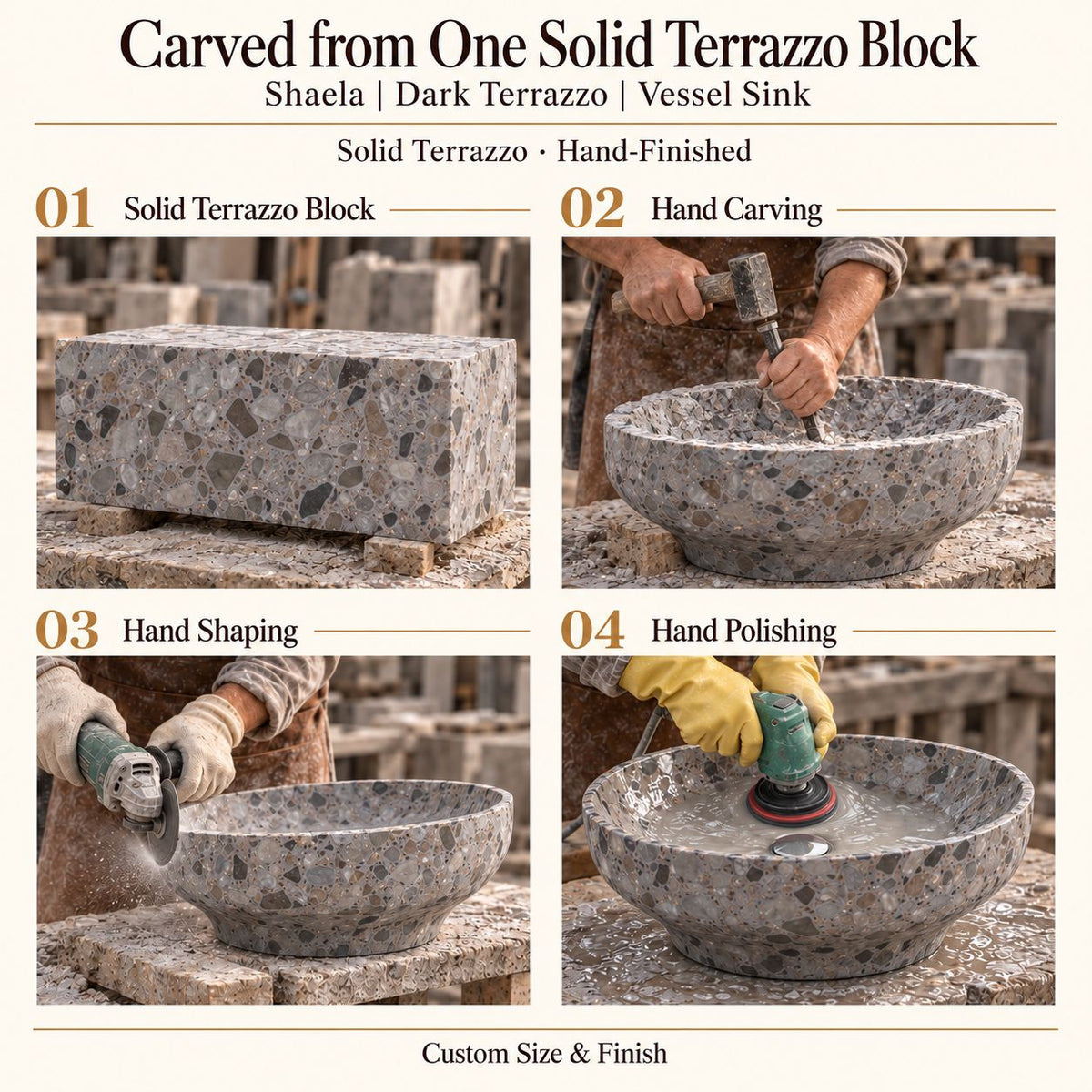 Shaela Dark Terrazzo Vessel Sink carved from one solid terrazzo block, with hand carving, hand shaping and hand polishing; custom size and finish.
