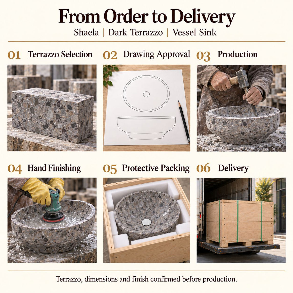 Shaela Dark Terrazzo Vessel Sink from order to delivery: material selection, drawing approval, production, hand finishing, protective foam packing in a plywood crate and delivery; specifications confirmed before production.