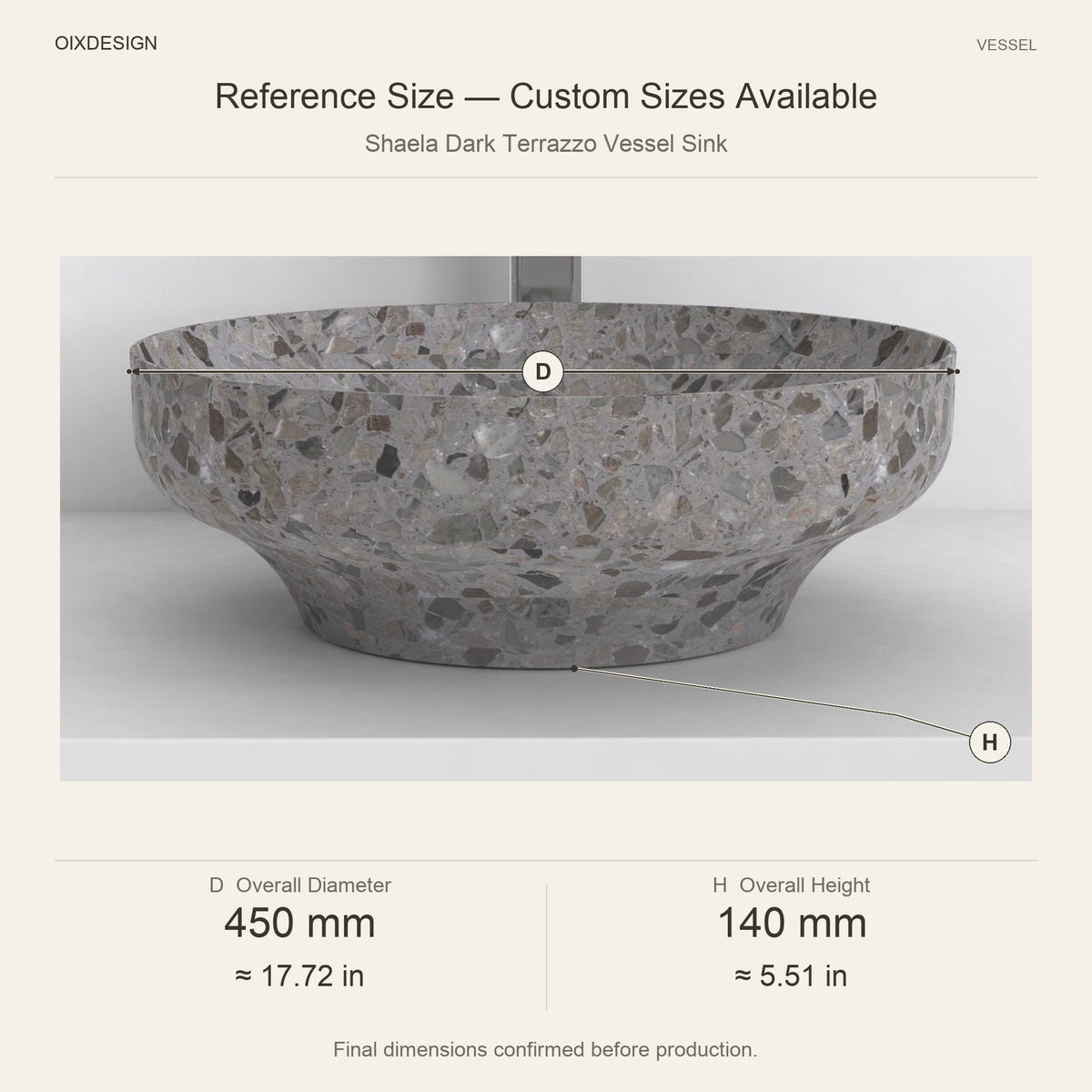 Shaela Dark Terrazzo Vessel Sink reference overall dimensions in millimeters and inches