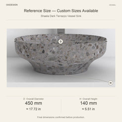 Shaela Dark Terrazzo Vessel Sink reference overall dimensions in millimeters and inches