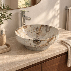Shaela Pandora Blanc Quartzite Vessel Sink — three-quarter bathroom lifestyle